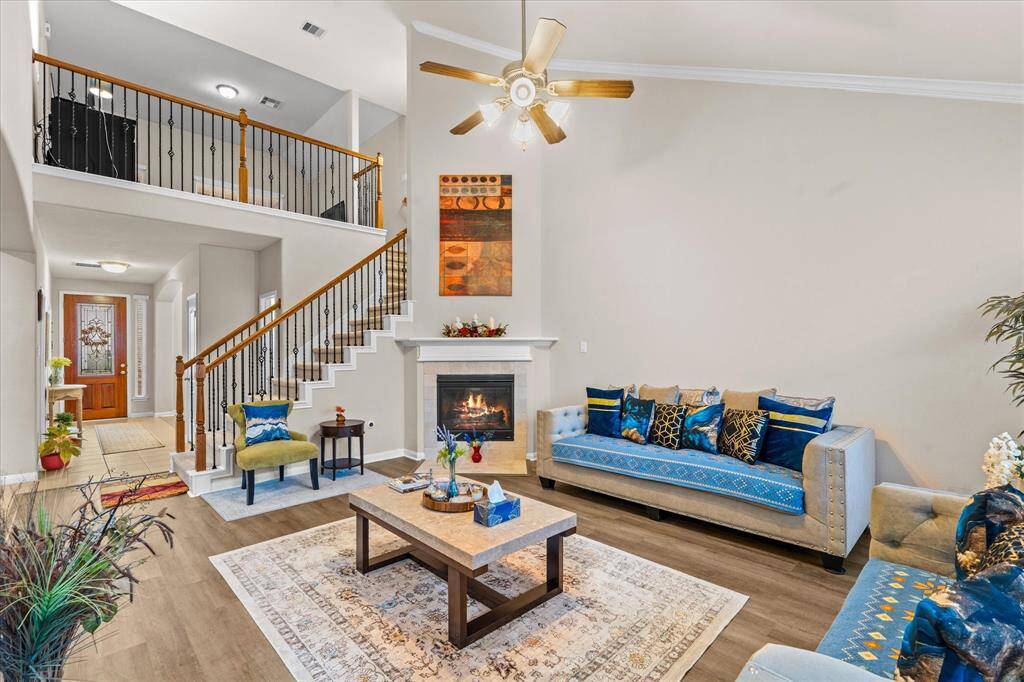 Living room with ultra high ceilings.