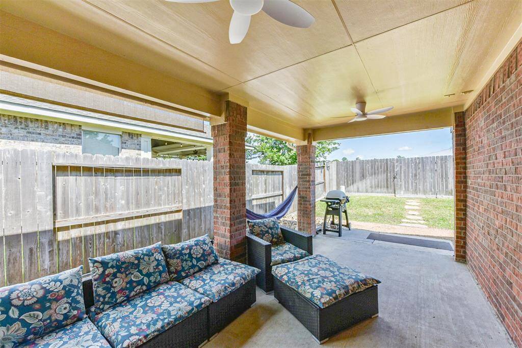 Large back patio featuring 2 ceiling fans and TV ready outlets.