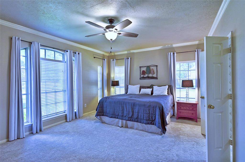 Spacious primary bedroom with large windows offering plenty of natural light, neutral walls, and soft new carpeting. this room is located on the first floor. Features a ceiling fan, and elegant drapery for a comfortable, inviting atmosphere.