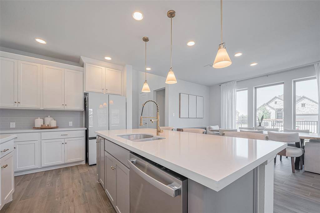 Island holds the sink, dishwasher, and pull out trash door.