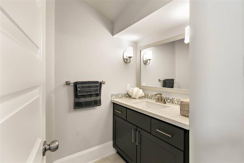 Powder bath on the main floor with contemporary vanity and elegant hardware.
