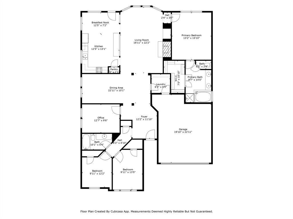 This floor plan features a spacious layout with three bedrooms, including a primary suite with an ensuite bath. The open-concept living area connects the kitchen, breakfast nook, and living room. There's also a separate dining area, office, and a two-car garage. Additional conveniences include a laundry room and a second bathroom.