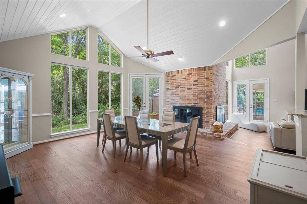 Vaulted ceiling and fireplace in the game room!