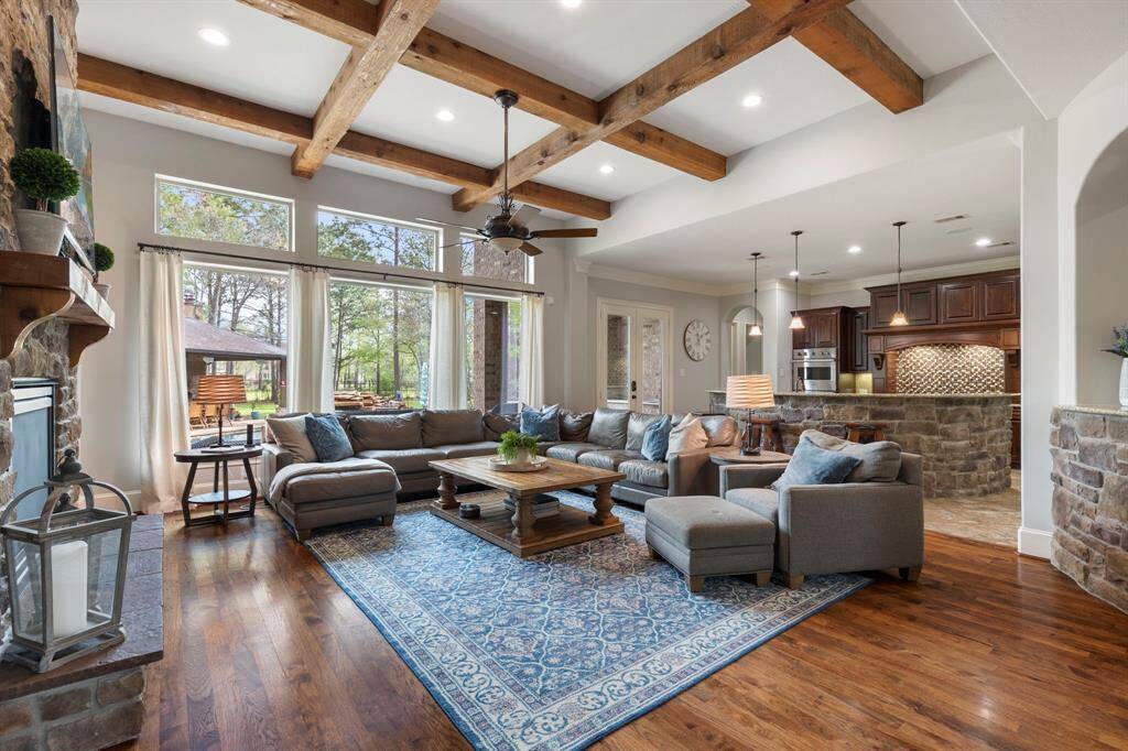 Gorgeous family room with high ceilings.