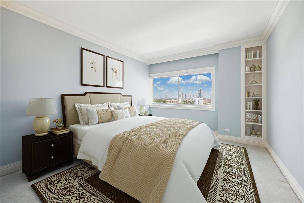 Bedroom 3 with carpet & window shade. Virtually Staged.