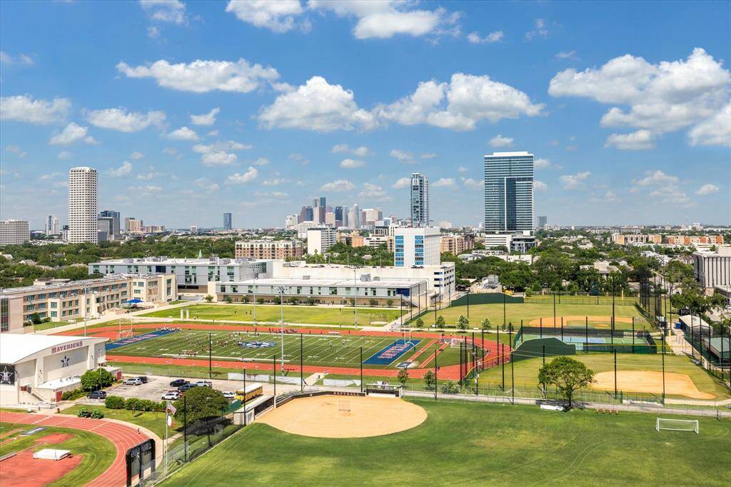 East View from Balcony overlooking Downtown skyline and school fields.