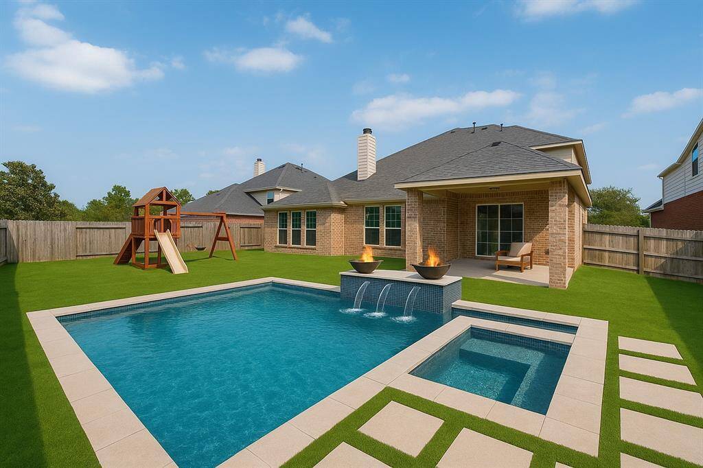 This is virtually staged to only assist in what it would look like to have a pool/spa put in. A professional pool company would need to do the actual scale and design.