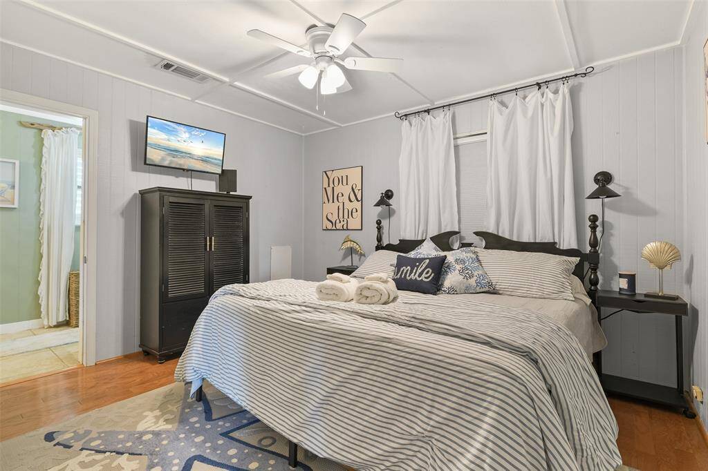 The first of two bedrooms.