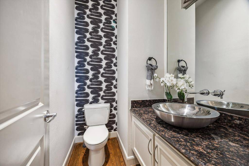 Conveniently located on the 2nd floor near all the living spaces, this fabulous powder room features a vanity with a granite countertop and a stylish vessel sink.