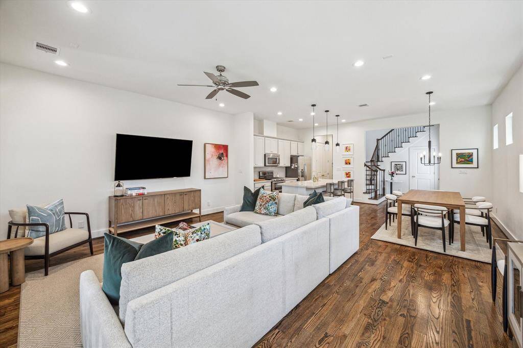 A view of the entire first floor living including a large living area.
