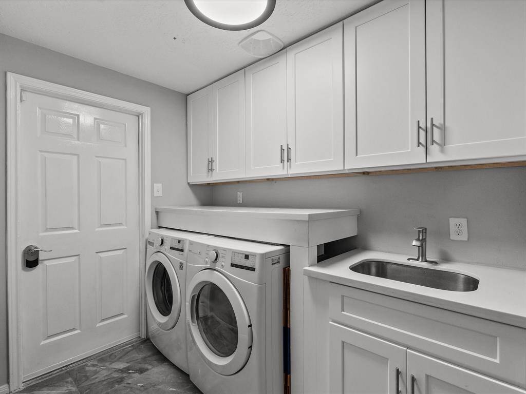 Laundry Room with LG Front Load Washer & Dryer, Utility Sink & Storage Shelves