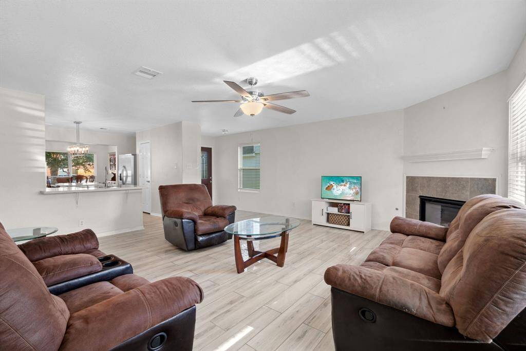 living room has view into kitchen area