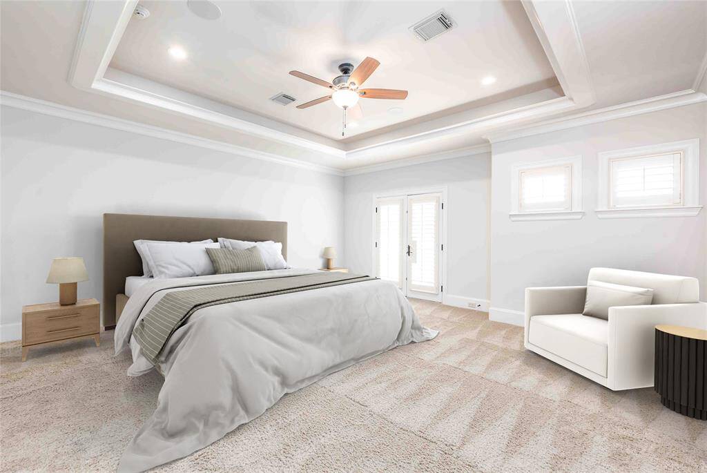 Large Primary Bedroom With Coved Lighted Ceiling & Private Balcony (Virtually Staged)