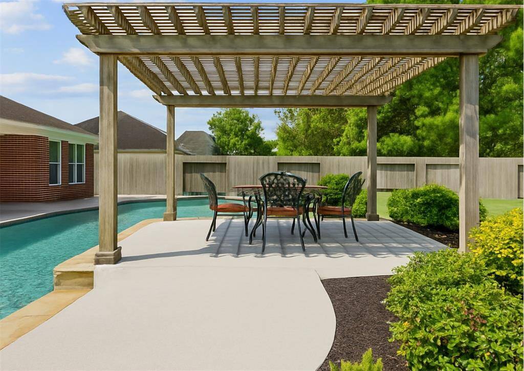 Spacious covered patio, brick accents, and a built-in grill. Overlooks a pool and hot tub, with a pergola and landscaped yard providing a private, relaxing outdoor space.