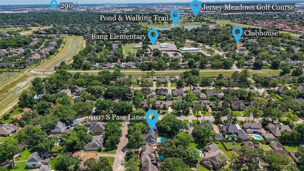 The home is conveniently close to major amenities, including easy access to Highway 290, nearby schools, and the Jersey Meadows Golf Course. The scenic pond and walking trails are also visible, offering plenty of outdoor space for recreation and relaxation just minutes from home.