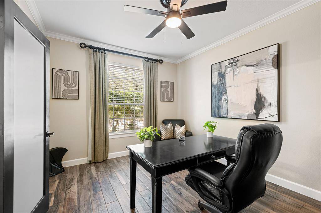 Office has french doors, large window and is a great place to work when at home or for the kids to study.