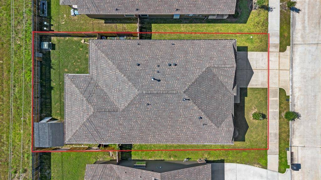 This aerial view showcases the 5,001 sqft lot.