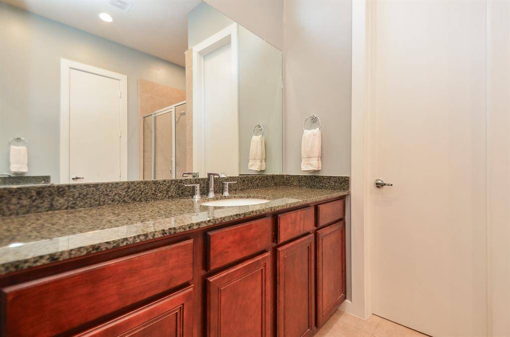 Primary bathroom features a sleek granite countertop with a single private sink, rich wooden cabinetry, and a large mirror. The space is well-lit with recessed lighting, and there's a glimpse of a walk-in shower.