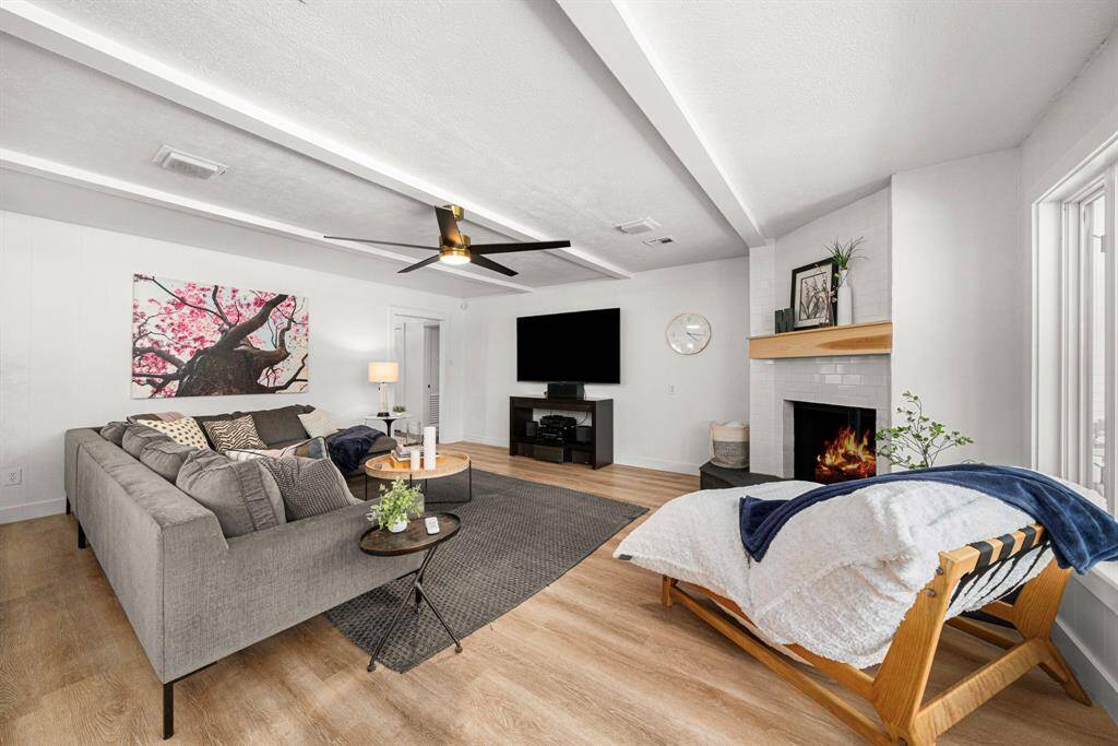 Family room has beamed ceiling