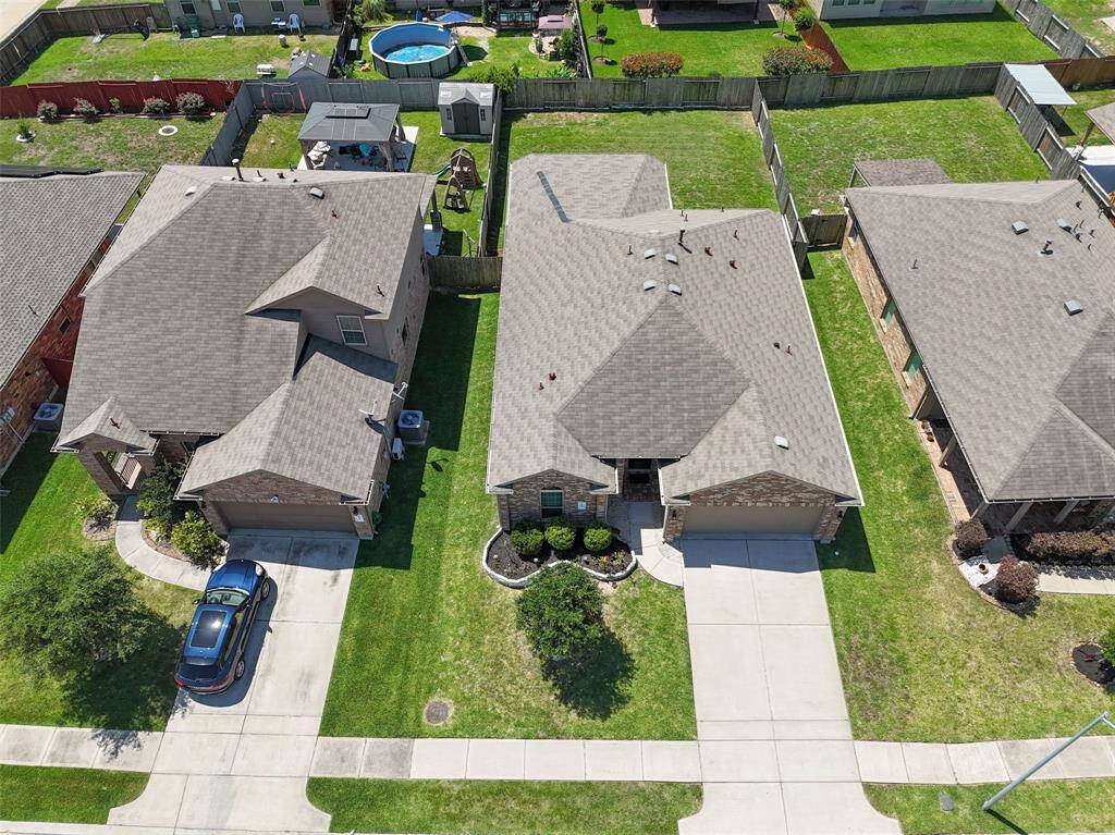 Aerial view of the home and yard.