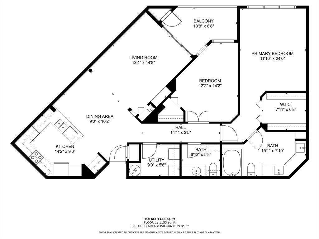 This floor plan features a spacious layout with 1,244 sq. ft. of living space. It includes two bedrooms, two bathrooms, a large living room, and a dining area. The kitchen is efficiently designed, and there's a utility room. The primary bedroom has an en-suite bath and a walk-in closet. There's also a balcony for outdoor relaxation.