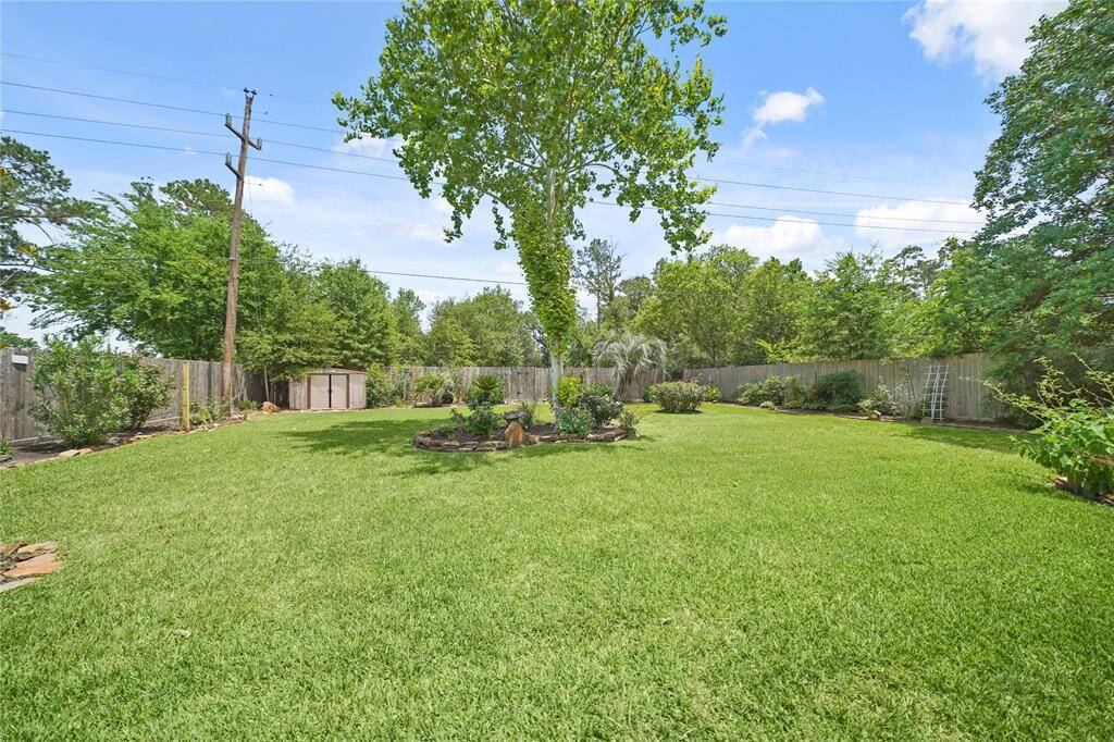 Spacious backyard with lush green lawn, mature trees, and well-maintained landscaping, offering privacy with a wooden fence and no back neighbors. Ideal for outdoor activities and relaxation.