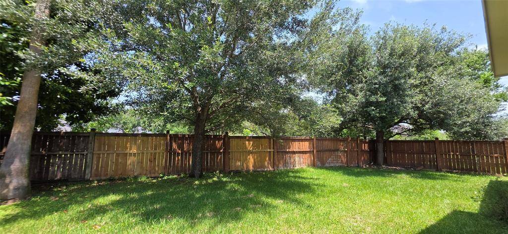 Another view of back yard with mature trees.