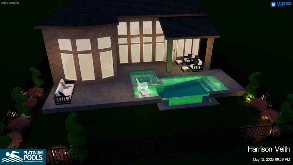 This nighttime rendering highlights the serene ambiance a custom pool could bring to your backyard, with soft lighting that enhances the elegant design. Picture yourself enjoying a peaceful evening swim or relaxing under the stars, surrounded by the calming glow of your private waterfront escape.