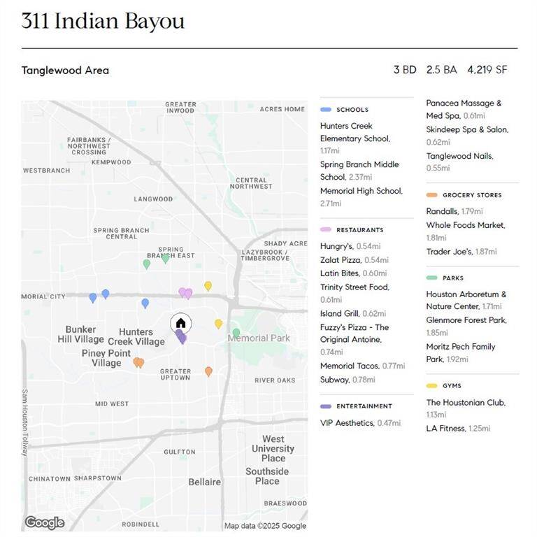 Area map showing the Spring Branch ISD schools:  Hunters Creek Elementary, Spring Branch Middle and Memorial High School; area restaurants, parks, grocery stores and more.