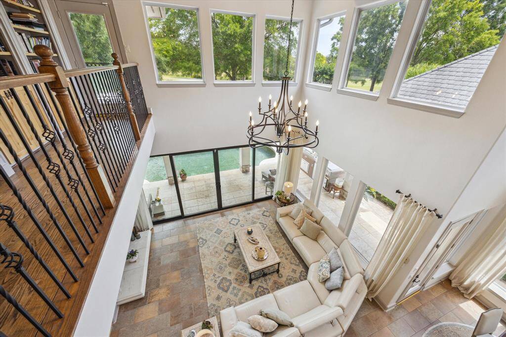 Birdseye view of the family room and two story windows