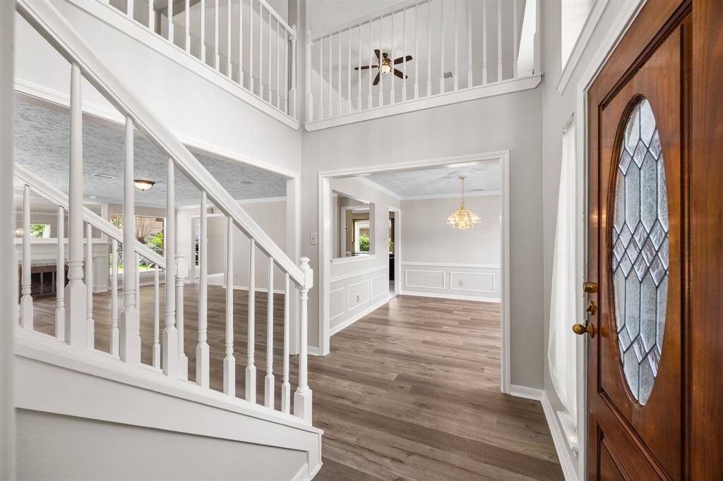 View of formal dining room right inside entry.