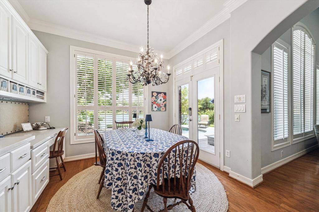 The sunny breakfast room has a desk, lots of storage , French doors to the back patio and THE VIEW!!!