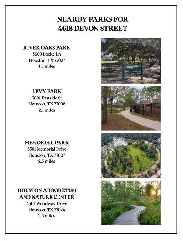 Residents of 4618 Devon Street enjoy proximity to several scenic parks, including River Oaks Park, affectionately known as "Pumpkin Park," which offers a charming playground and shaded walking paths . Just a short drive away, Memorial Park spans 1,466 acres and features extensive trails, sports facilities, and the Houston Arboretum & Nature Center, providing a natural retreat within the city.