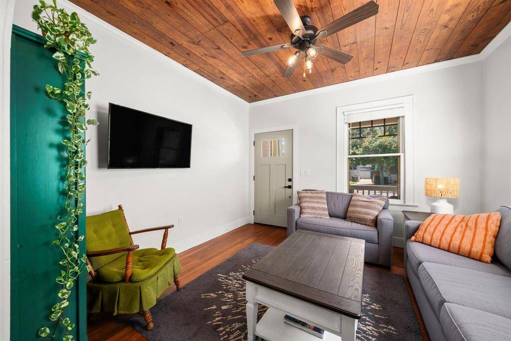 Family room with beautiful hardwood floors