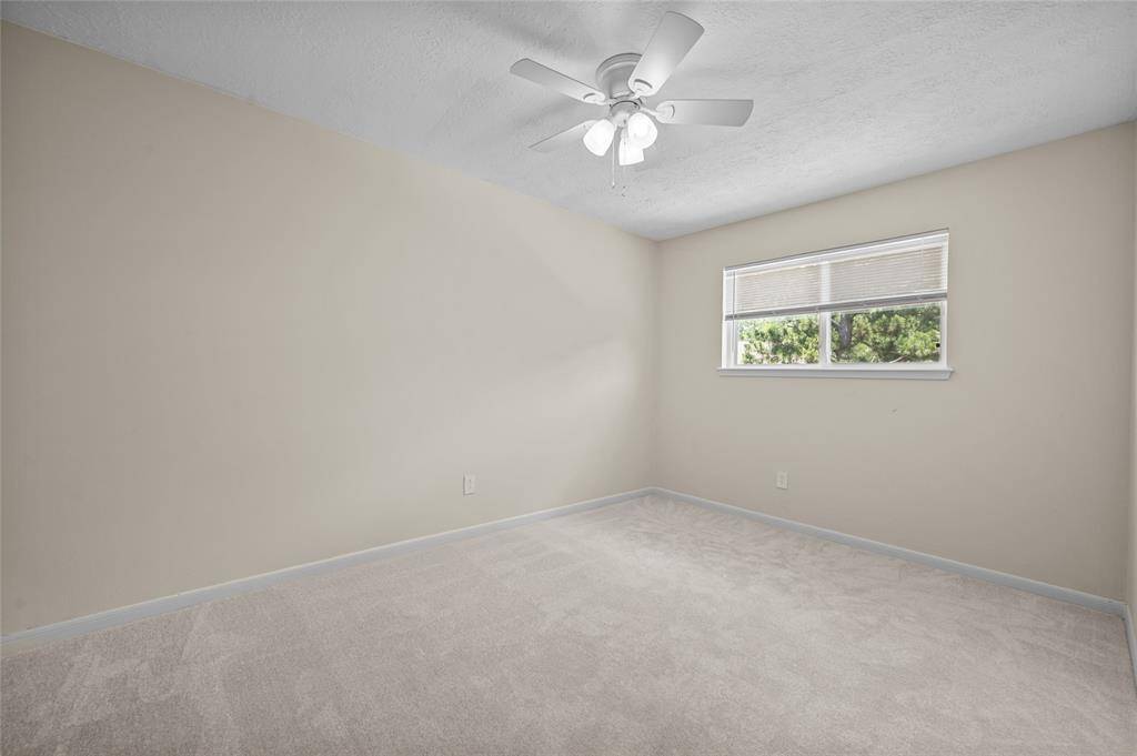 Cozy bedroom with fresh carpet, neutral walls and ceiling fan