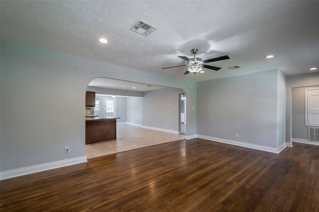 The family room is open to the kitchen and dining areas.