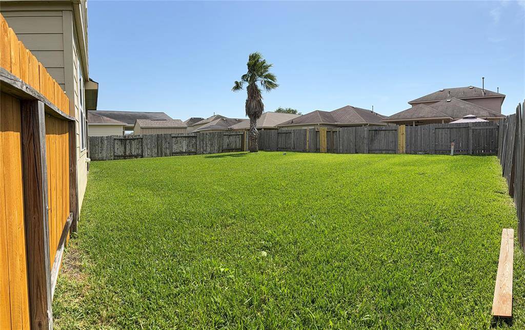 Spacious fenced backyard with a well-maintained lawn and a single palm tree, surrounded by neighboring homes. Ideal for outdoor activities and gardening.