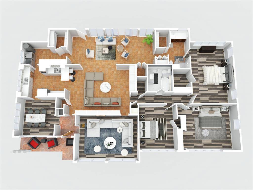 This floor plan really shows all the possibilities it has for space. There are three common sitting areas, the one in the front, the middle family room, and the back sun room. You could make one of these spaces into an office, or playroom, or craft room, and still not loose a bedroom or your formal dining room. And look at all that saltillo tile, so durable, and the natural vibe and charm it brings to the space.