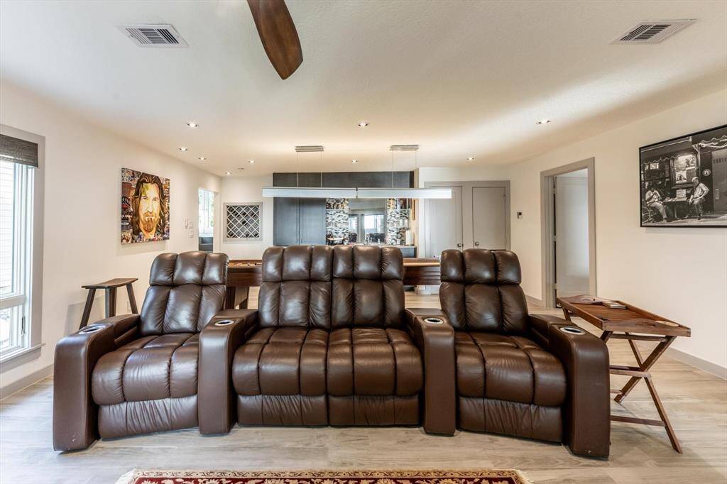 Another angle of the ultimate game room—kick back in leather recliners, grab a drink from the wet bar, and enjoy!!
