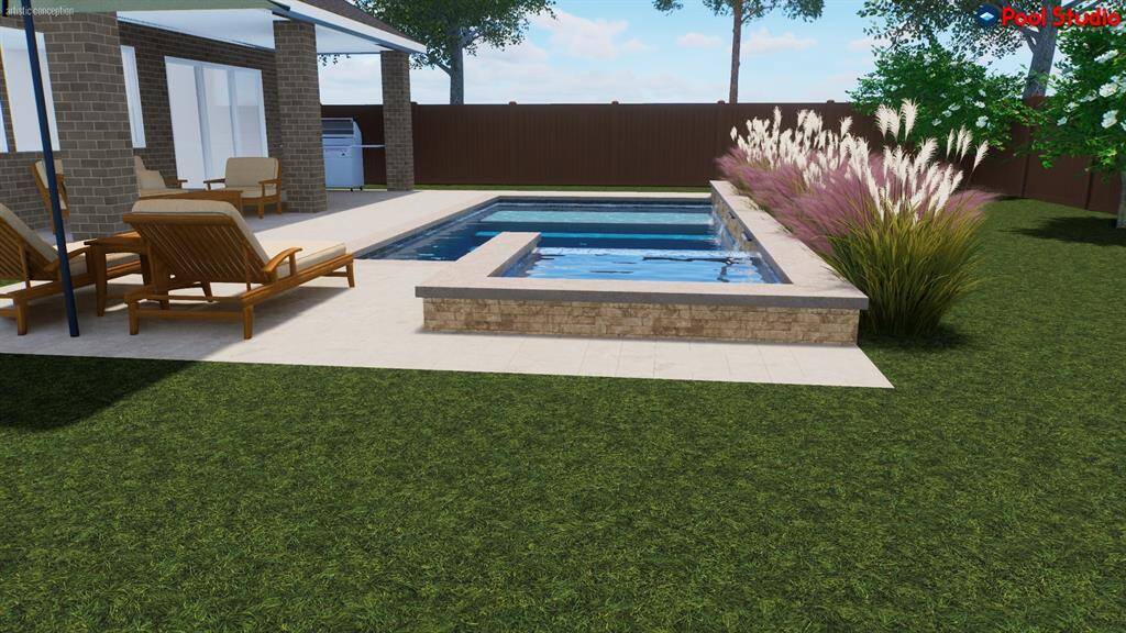 VIRTUAL POOL RENDERING FOR ILLUSTRATIVE PURPOSES ONLY:   Large 10,000+ sqaure foot lot can accommodate a family-friendly sized pool with cooling deck, spa and feature wall.