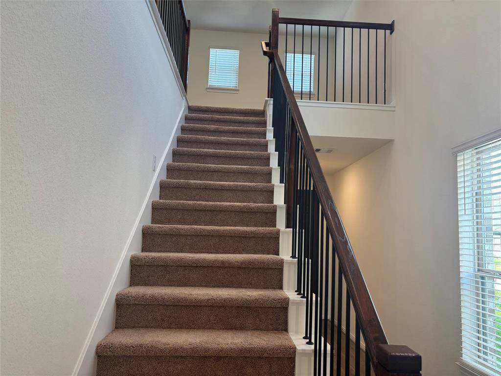 This photo showcases a carpeted staircase with a dark wood handrail and black metal balusters. The space is well-lit with natural light from windows at the top and side.