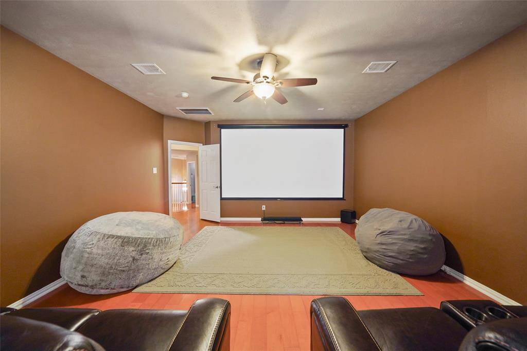 The media room has a projection screen.