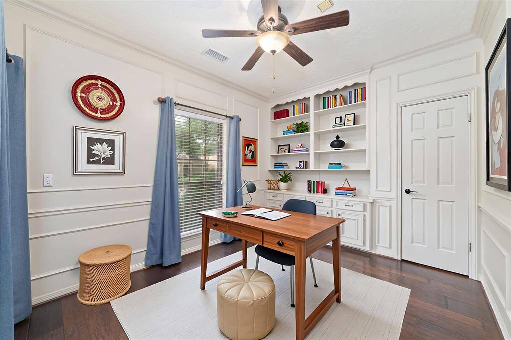 Office/study or den located to your left as you enter the home with door access to the primary bedroom! virtually staged