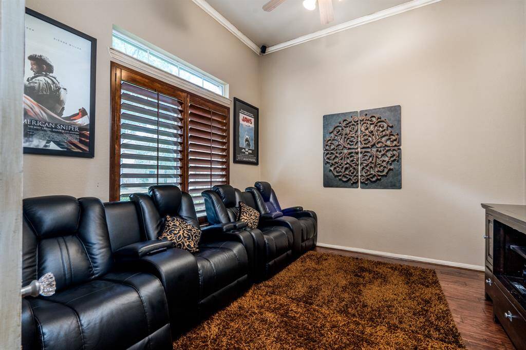 Traditionally an office, this room across from the dining room is currently being utilized as a media room.
