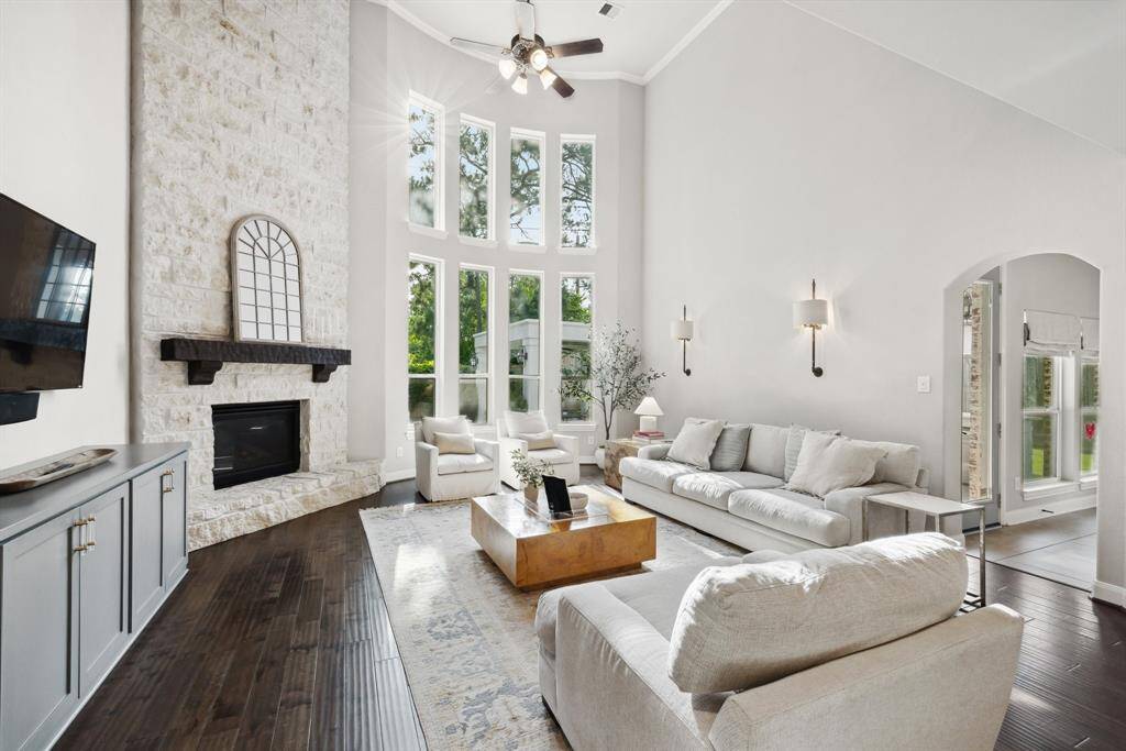 Two story family room with fabulous wall of windows