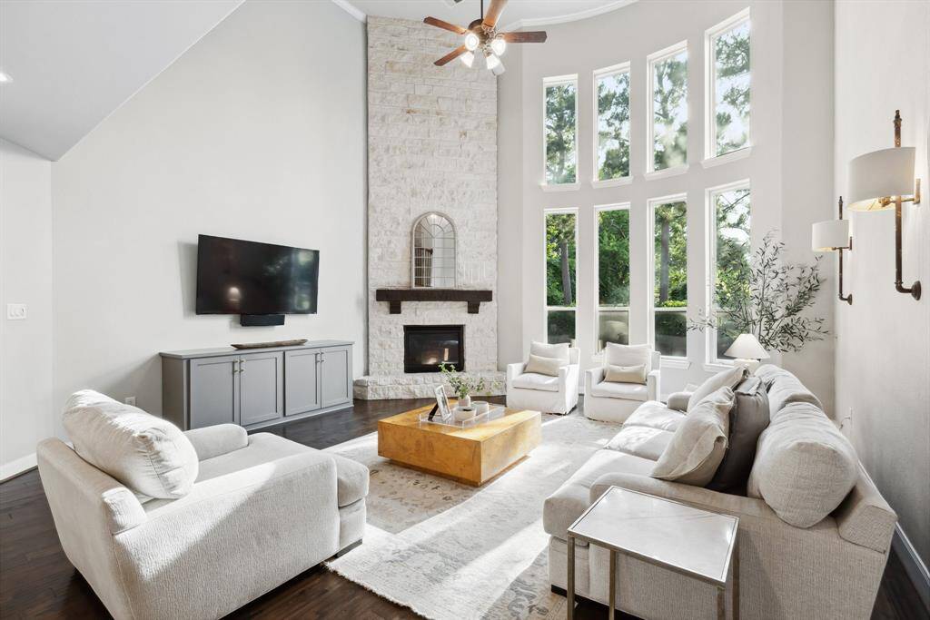 Floor to ceiling stone fireplace