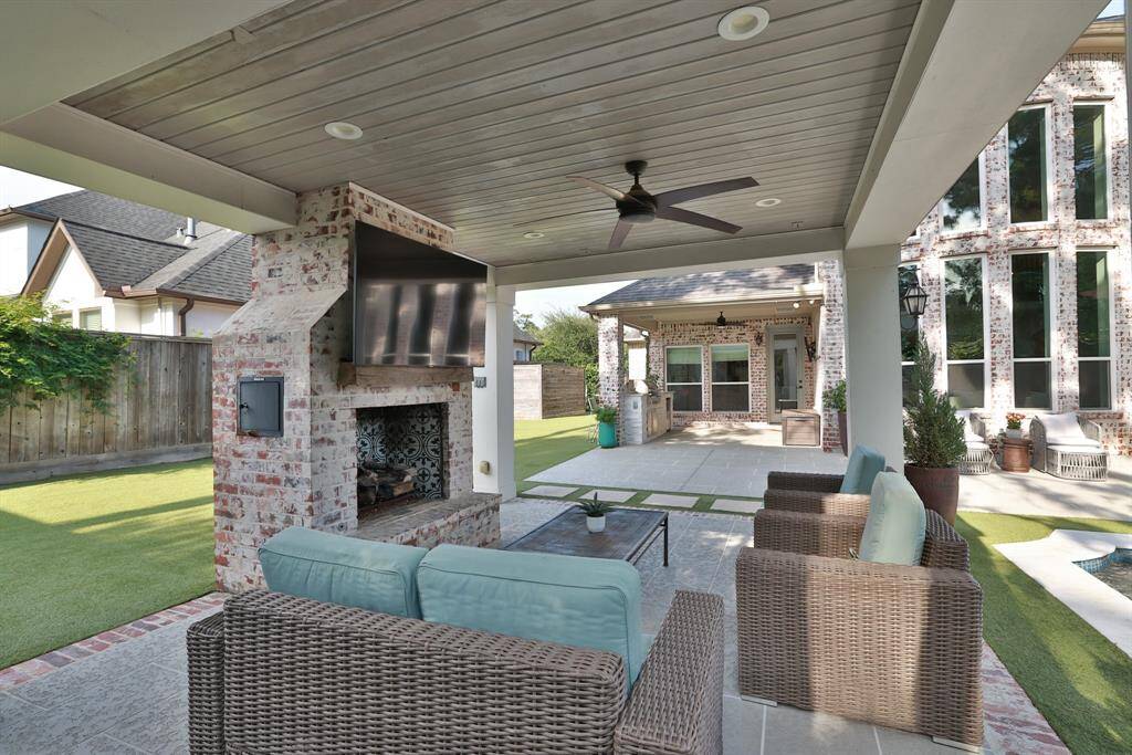 Entertaining pavilion with media connections and fireplace