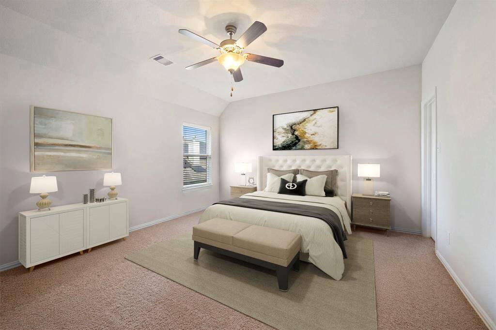 Virtually Staged: Secondary bedroom with carpet floors, windows with privacy blinds, a ceiling fan, and a built-in closet.