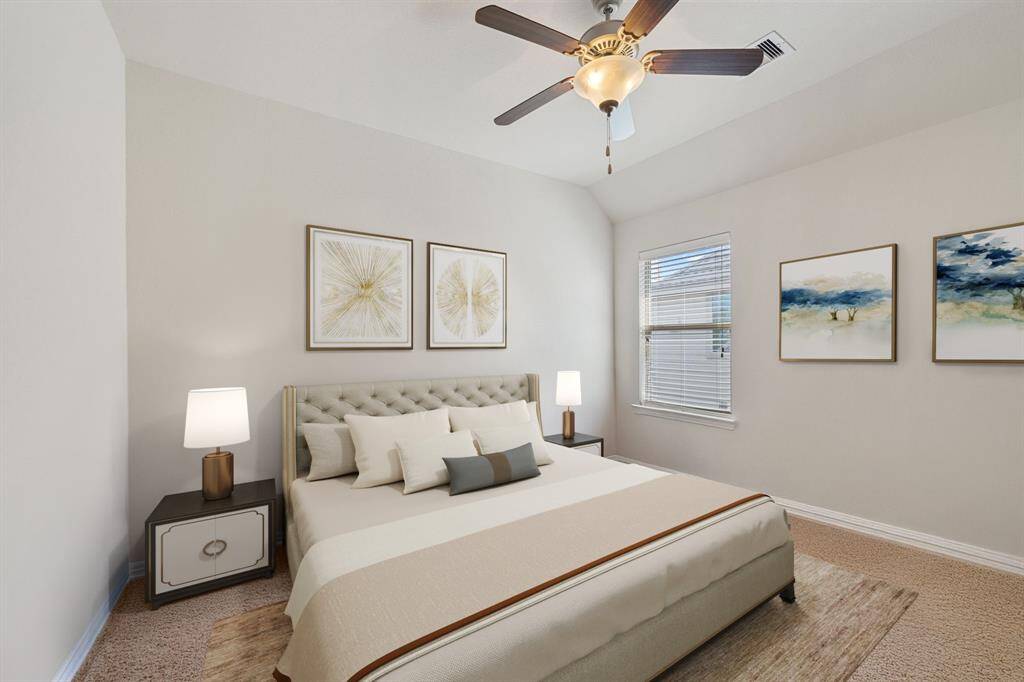 Virtually Staged: Secondary bedroom with carpet floors, windows with privacy blinds, and a ceiling fan.