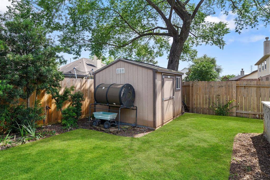 The storage shed is perfect for putting away your gardening tools.
